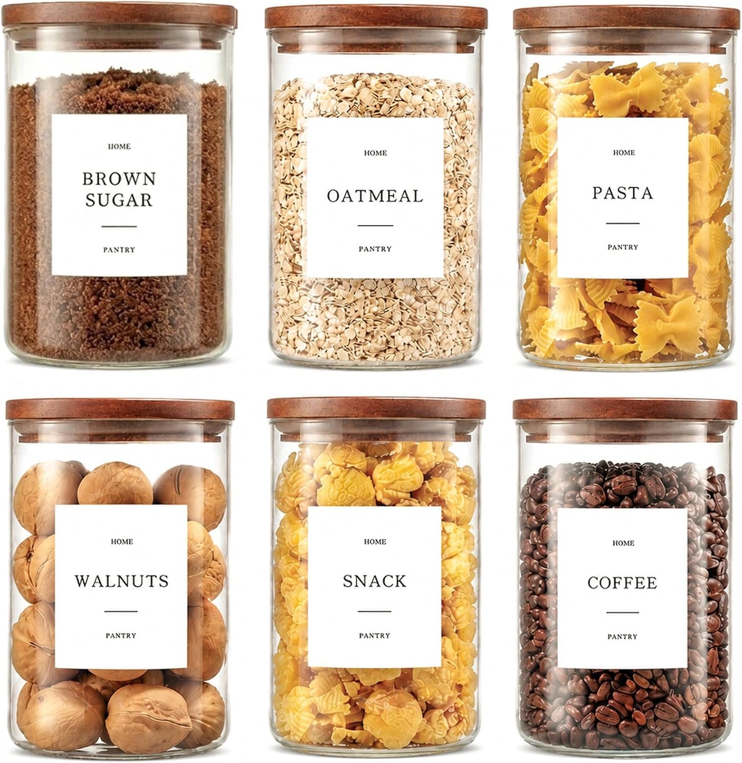 2 Pack Glass Rice Containers with Acacia Wood Lids, 70oz Airtight Flour and Sugar Jars with 105 Labels, Large Glass Pantry Storage Jars for Cereal, Protein Powder, Cookies, Dry Food
