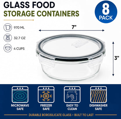 Sorbus 16pc Glass Meal Prep Containers Set – 8 Round 32oz Containers with Airtight Lids – Freezer, Dishwasher, Oven Safe – Reusable Food Storage Bowls, 4 Cup Capacity for Meal Prep and Storage Grey