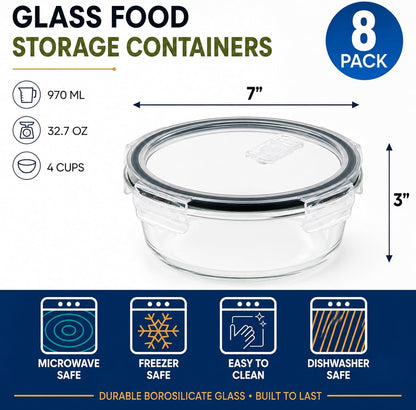 Sorbus Glass Meal Prep Containers Set – 8 Round 32oz Containers with Airtight Lids – Freezer, Dishwasher, Oven Safe – Reusable Food Storage Bowls