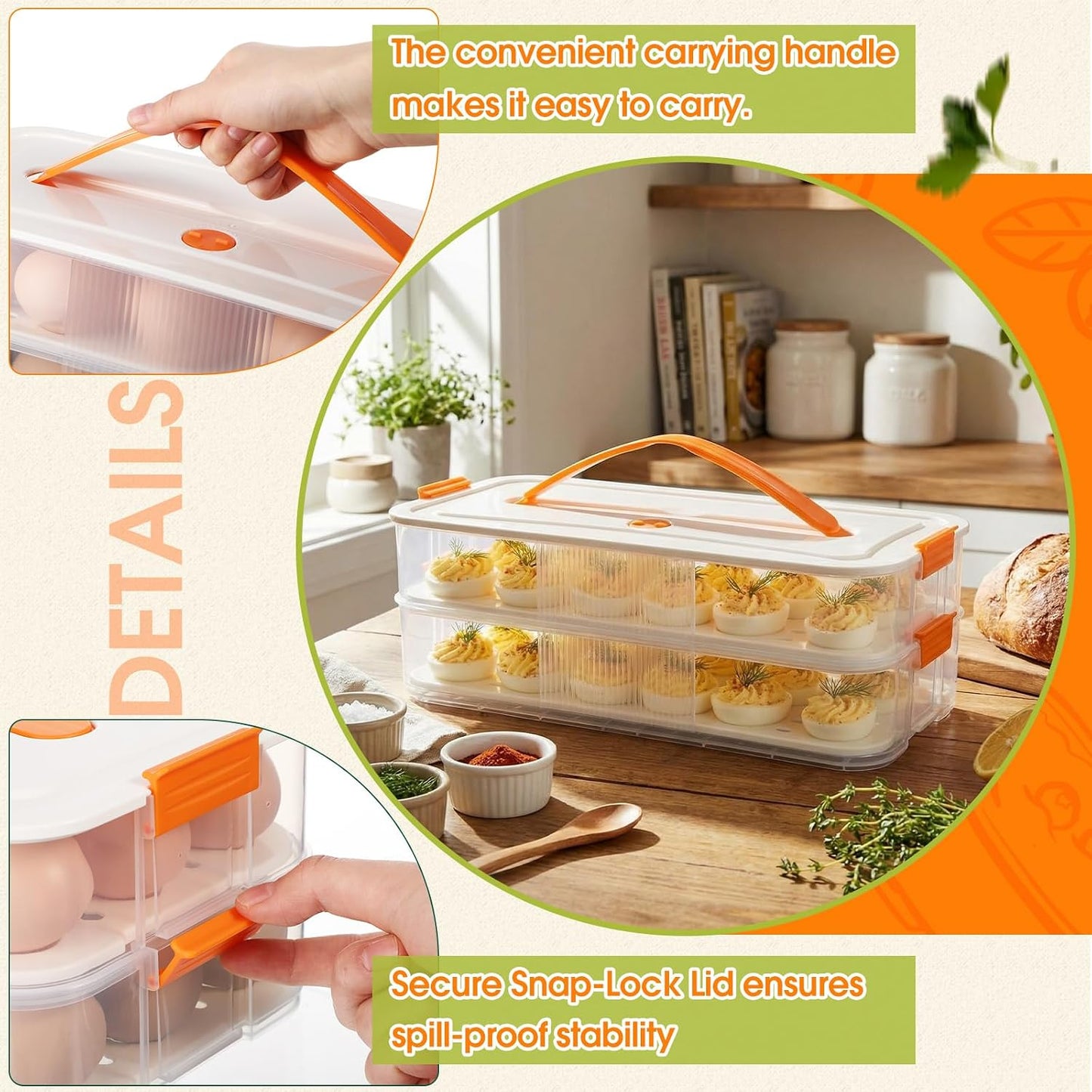 2 Pack Deviled Egg Container with Lid and Handle 2 Layer Deviled Egg Carrier for 60 Reusable Stackable Platter Clear Plastic Storage Tray for Dish Washer Party Home Kitchen Suppies