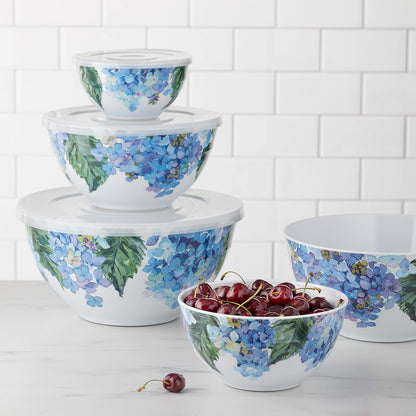 Amazon Basics Mixing Bowls with Lids, Nesting Melamine Serving Bowls, Non-Slip Base, BPA Free, Dishwasher Safe, 5 Sizes, Blue and White Floral, Set of 10