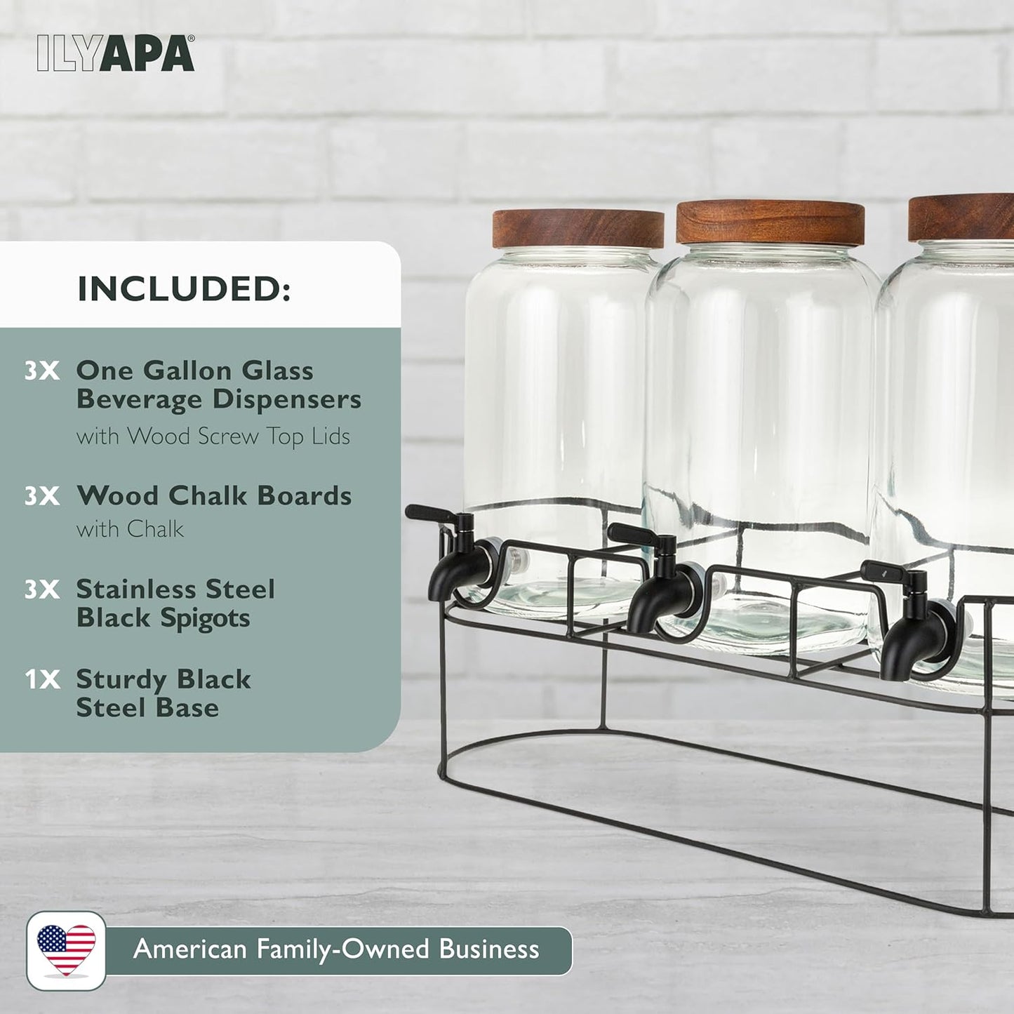 Ilyapa Glass Drink Dispensers for Parties with Stand - 2 Pack, 2 Gallon Double Beverage Dispenser with Wood Tops & Black Stainless Spigots