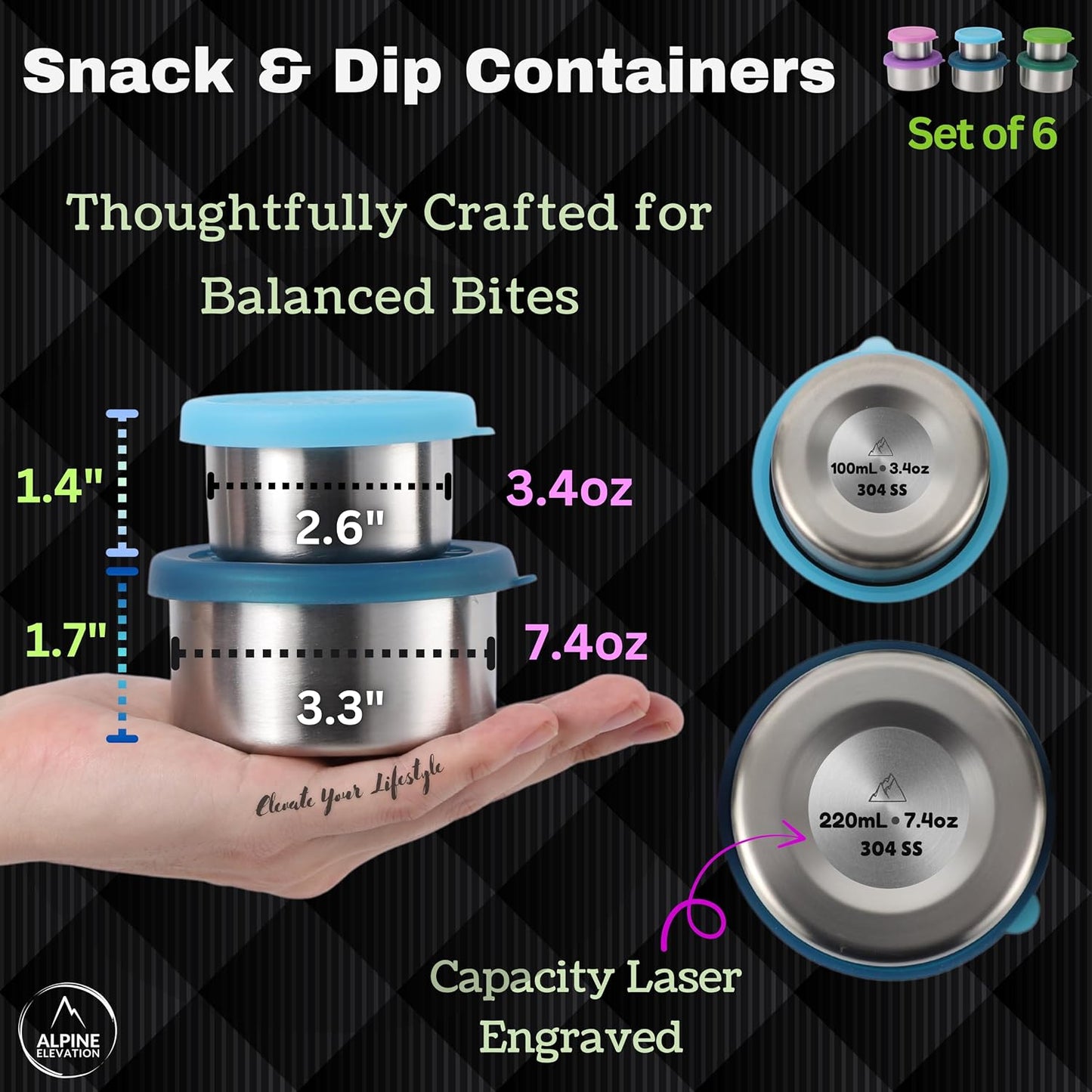 Alpine Elevation 12 Pcs - 6 Stainless Steel Containers + 6 Silicone Lids | 304 Stainless Steel Snack Container | Nesting Snack and Dip Containers | Metal Food Storage