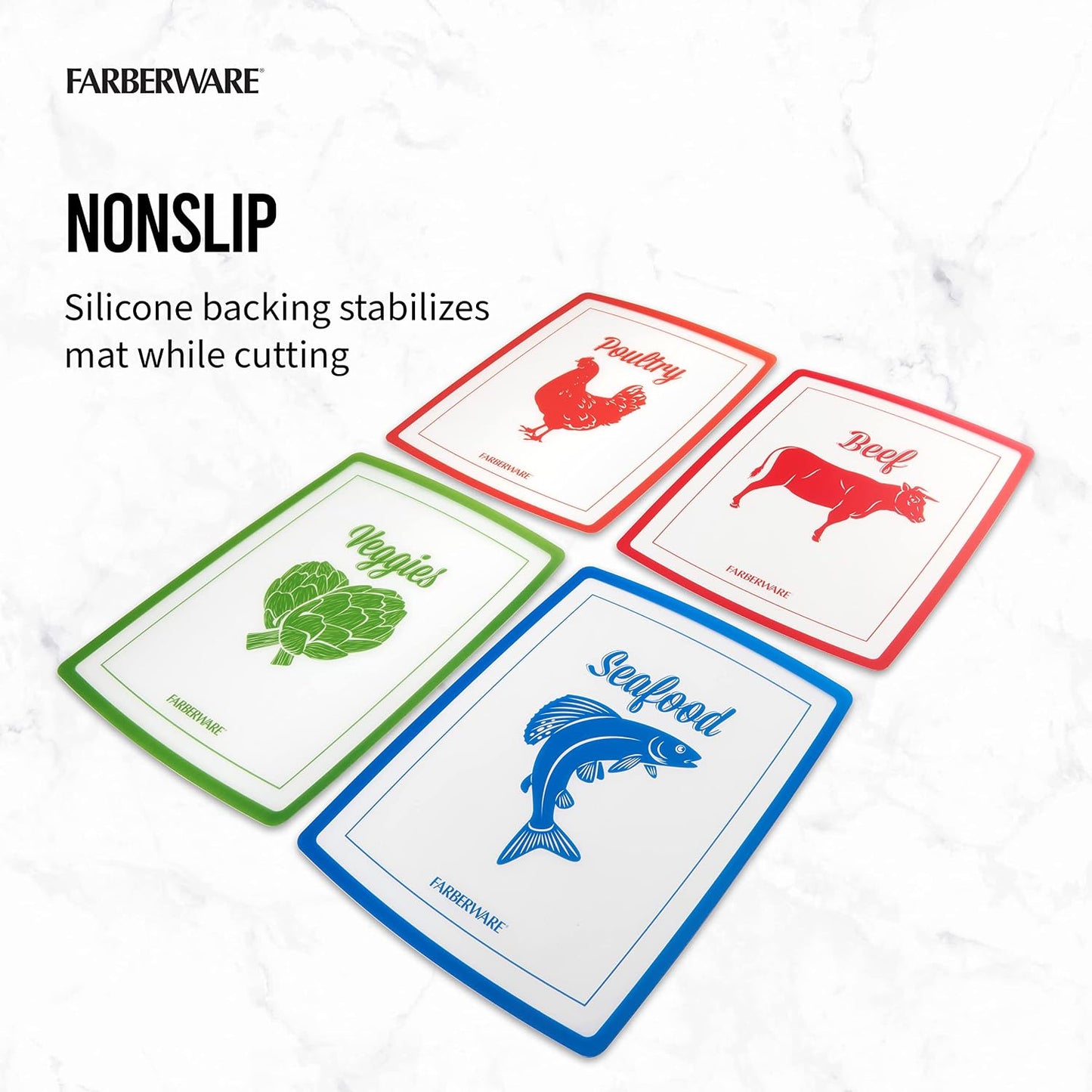 Farberware Flexible Cutting Mats with Food Icons, 11-Inch-by-15-Inch, Set of 4