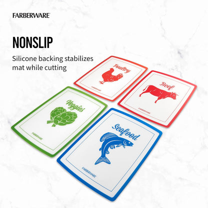 Farberware Flexible Cutting Mats with Food Icons, 11-Inch-by-15-Inch, Set of 4