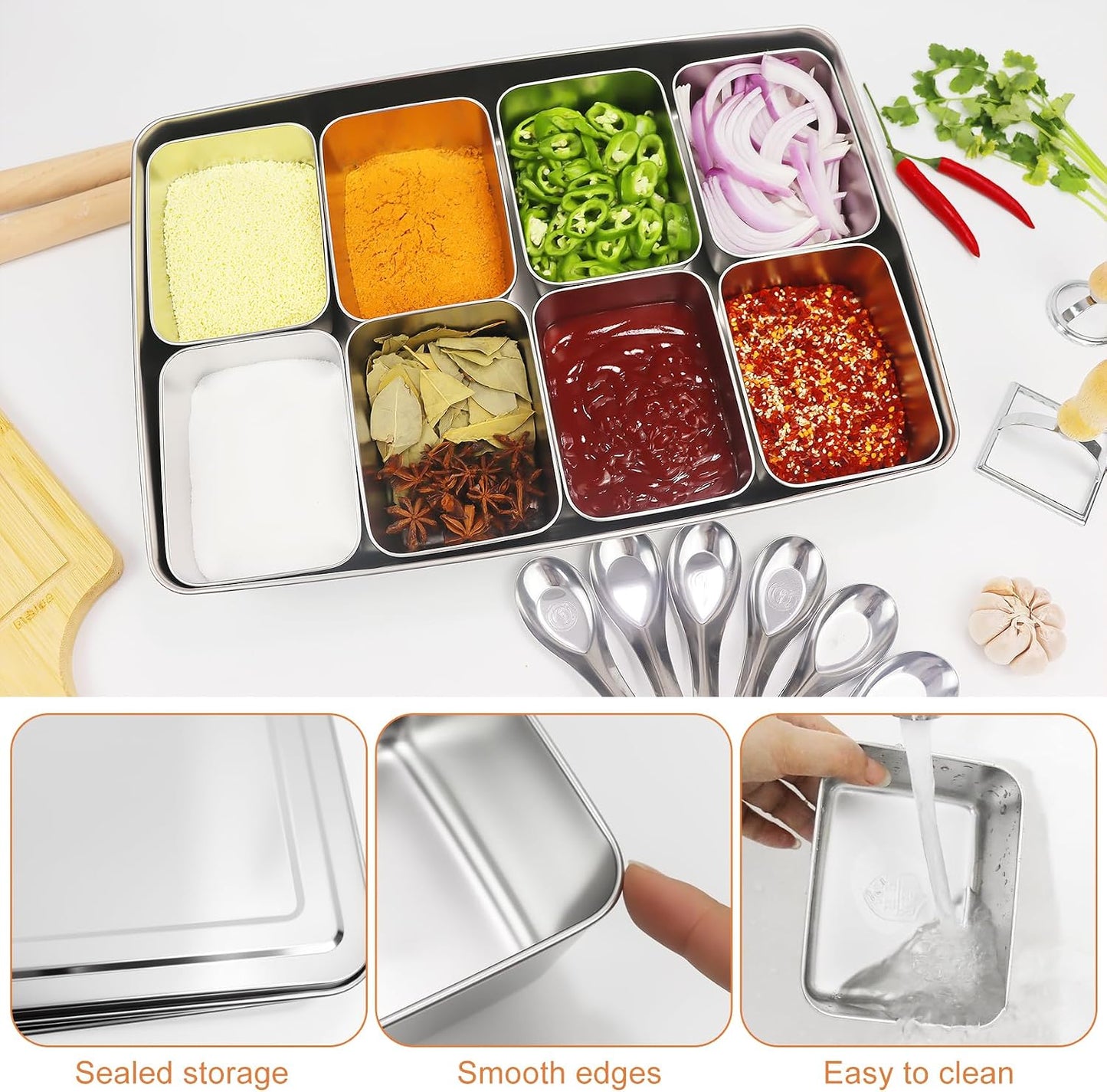 Yakumi Pans, Stainless Steel Yakumi Pan, Yakumi Mise En Place, Mise En Place Containers, 8 Compartment Stainless Steel Condiment Containers with Lids Spoons, Spice Box Indian Masala Dabba