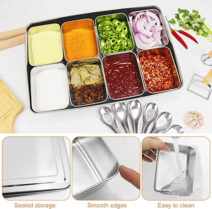 Yakumi Pans, Stainless Steel Yakumi Pan, Yakumi Mise En Place, Mise En Place Containers, 8 Compartment Stainless Steel Condiment Containers with Lids Spoons, Spice Box Indian Masala Dabba