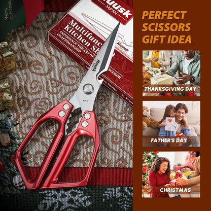 HUUSK Kitchen Scissors All Purpose - Stainless Steel Kitchen Shear, Sharp Silver Meat Scissors Dishwasher Safe, Heavy Duty Poultry Shears, Japanese Cooking Scissor for Food, Christmas Gifts for Women