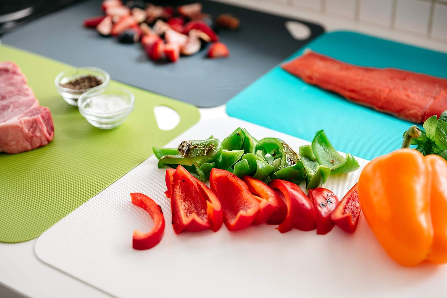 Dexas Heavy Duty Cutting Board Grippmat, Flexible Cutting Boards for Kitchen, Set of 4, Non Slip Plastic Board Cutting Mat 11.5 by 14 Inches Gray, Red, White and Green Set, Kitchen Gadgets