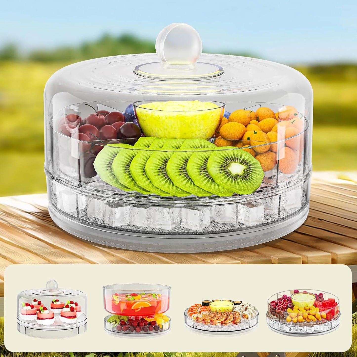Compact Multifunc Chilled Serving Tray with Clear Rotating Lid,9 Inch Fruit Platter Tray for Parties and Small Cake Stand with Ice Storage Four Compartment Platter for Veggie Sushi Snacks Cupcakes