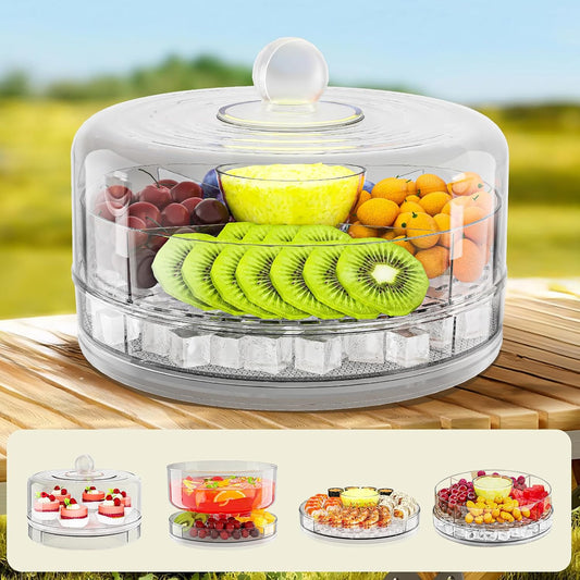 Compact Multifunc Chilled Serving Tray with Clear Rotating Lid,9 Inch Fruit Platter Tray for Parties and Small Cake Stand with Ice Storage Four Compartment Platter for Veggie Sushi Snacks Cupcakes