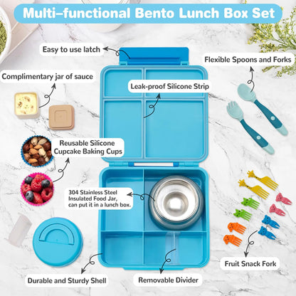 Bento Lunch Box with 9.5 oz Soup Thermo, Kids Leakproof 4 Compartments Bento Box with Silicone Cupcake,Fruit Fork,Spoon and Sauce Cup,Insulated Food Jar for School Travel-Black