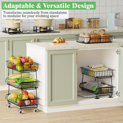 3 Tire Rolling Pantry Organizers and Storage Cart on Wheels | Metal Frame, Under Pantry Cabinet, Drip Tray, Storage for Snack, Potato, Onion, Produce, Can, Drink, Fruit and Vegetable
