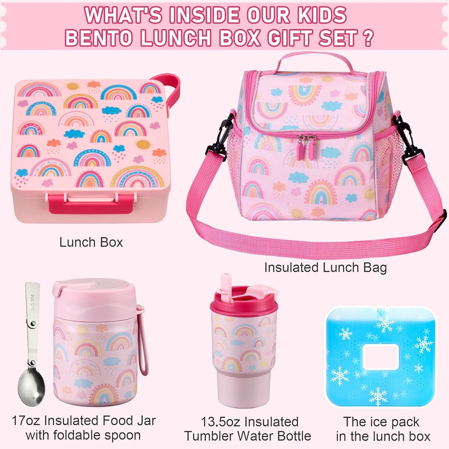 Bento Lunch Box for Kids with 17oz Soup Thermo,Insulated Tumbler Water Bottle and Insulated Lunch Bag,Leak-Proof 3 Compartment Lunch Food Container with Ice Pack for Kids to School-Horse