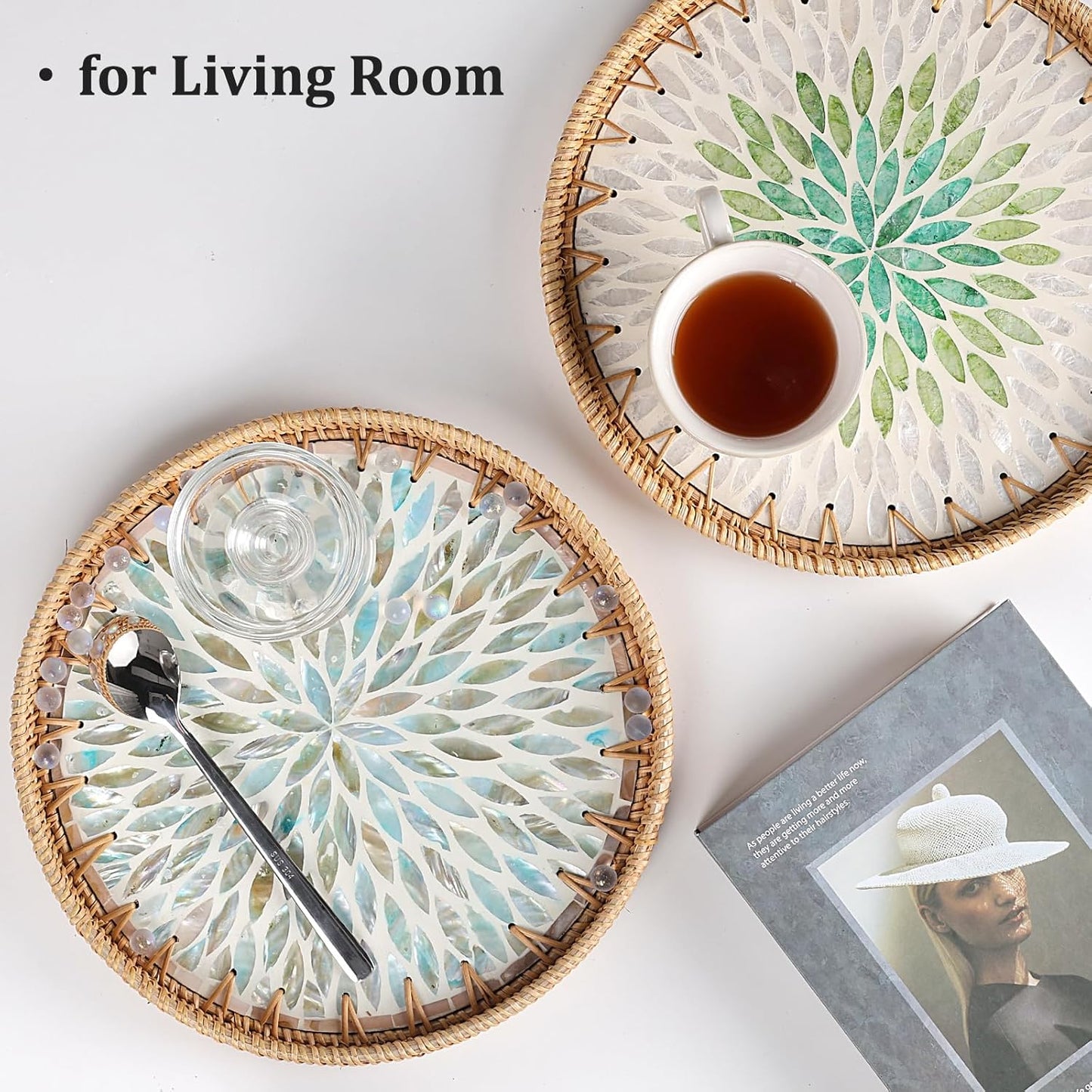 Round Rattan Tray with Mother of Pearl Inlay, Rattan Serving Tray for Coffee, Bread, Fruits, Decorative Wicker Tray for Table Decor, Home Decor, Kitchen Island Decor(Black Checkerboard, 11.8")