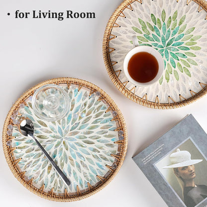 Round Rattan Tray with Mother of Pearl Inlay, Rattan Serving Tray for Coffee, Bread, Fruits, Decorative Wicker Tray for Table Decor, Home Decor, Kitchen Island Decor(Black Checkerboard, 11.8")