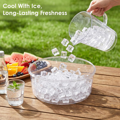 Snack Box Container with Ice Chill Base, 6 Divided Serving Tray with Lid, Handle, Protable Travel Snackle Box Container, Round Veggie and Fruit Tray for Beach, Travel, Picnic, Camping, Kitchen, Party