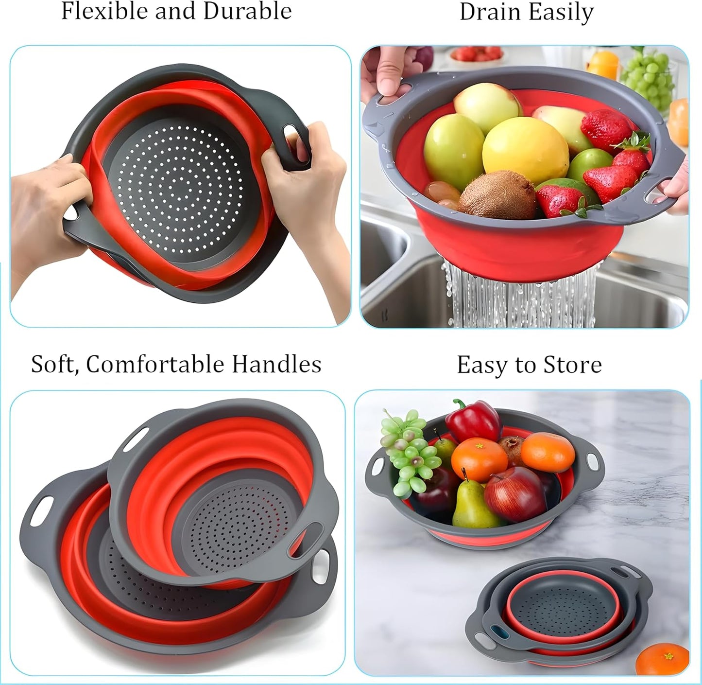 UVB Collapsible Colander Set, Space-Saving Foldable Kitchen Strainer for Pasta, Vegetables & Fruit, Colander for Kitchen with 2 Stainless Steel Hooks & Silicone Funnel – Blue