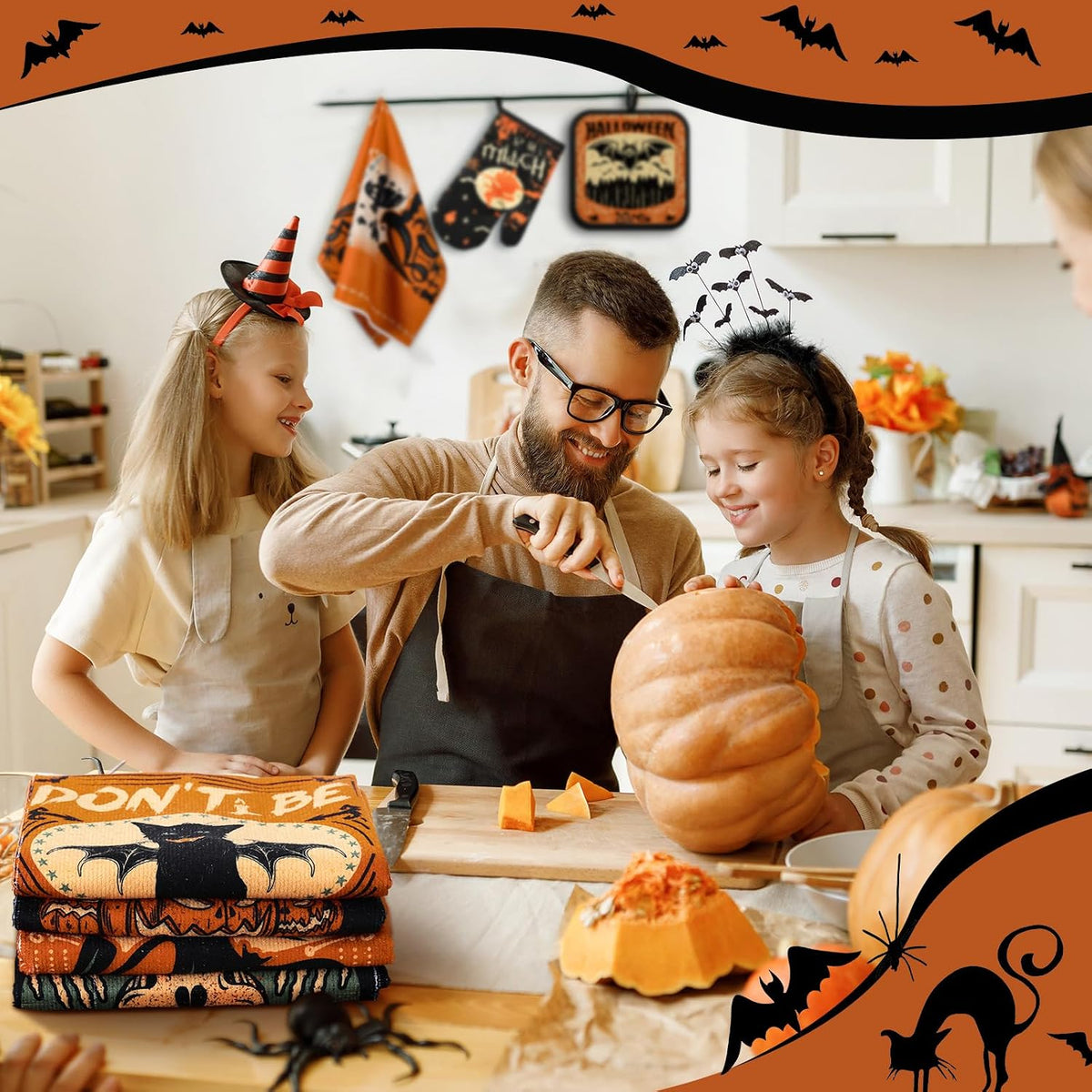 SiliFine 12 Pcs Fall Pumpkin Kitchen Towels Oven Mitts Pot Holders Set