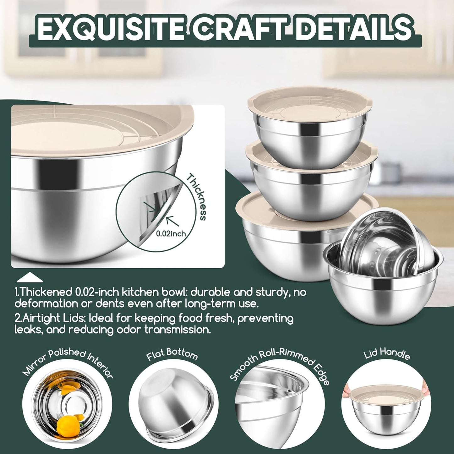Herogo 5-Piece Mixing Bowls with Airtight Lids, 3 Grater Attachments, Stainless Steel Salad Serving Bowls for Kitchen, Size 4.6, 3.5, 2.5, 2, 1.5QT Ideal for Prepping & Cooking, Black