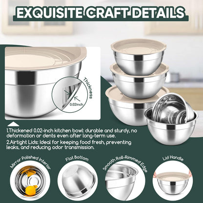 Herogo 5-Piece Mixing Bowls with Airtight Lids, 3 Grater Attachments, Stainless Steel Salad Serving Bowls for Kitchen, Size 4.6, 3.5, 2.5, 2, 1.5QT Ideal for Prepping & Cooking, Black