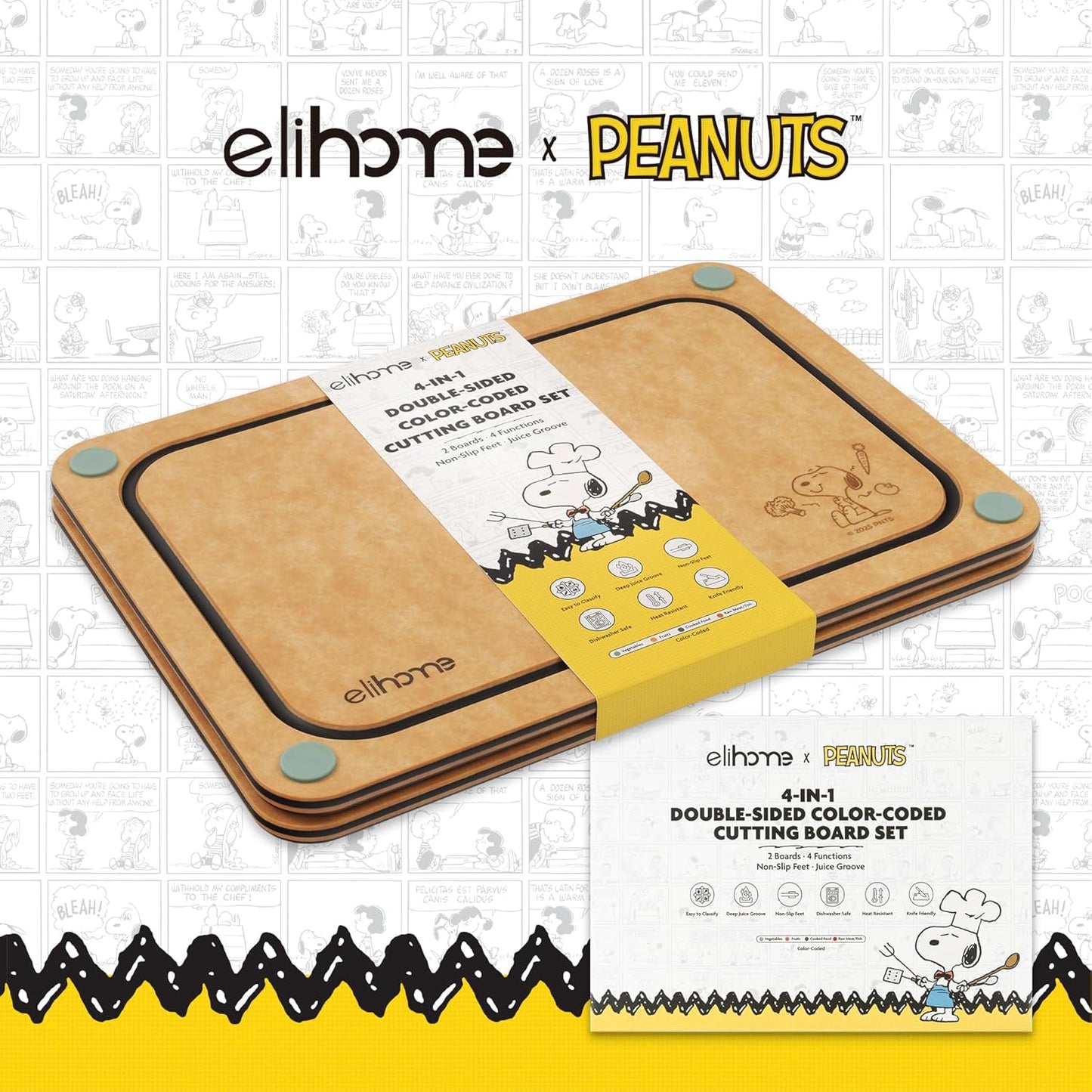 Elihome X Peanuts Kitchen Cutting Board Set, Non Slip Feet, Double Sided Color Coded with Food Icon, Natural Wood Fiber, Dishwasher Safe, Eco-Friendly, Juice Grooves,Non Porous, BPA Free, 2 Pack