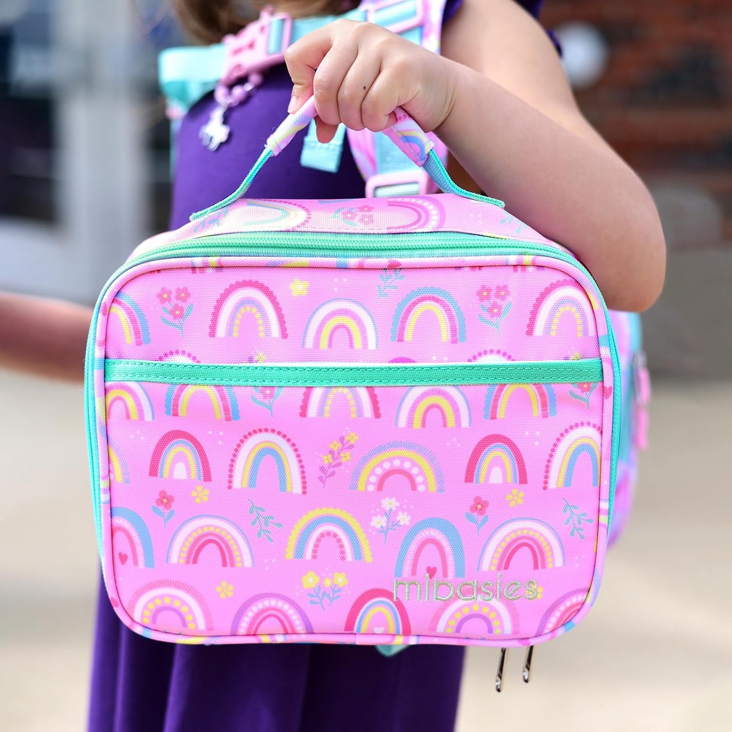 mibasies Kids Lunch Box for Girls Toddler, Insulated and Reusable Lunch Bag for School, Pink Rainbow