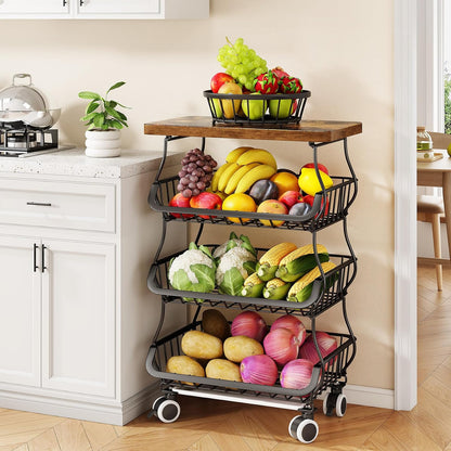 SAYZH Fruit Basket Kitchen Pantry Organizers and Storage - Wooden Top Table, Stackable Metal Wire Basket Stand Cart for Fruit Vegetable Snacks Onion Potato Organization (Black, 5 Tiers)
