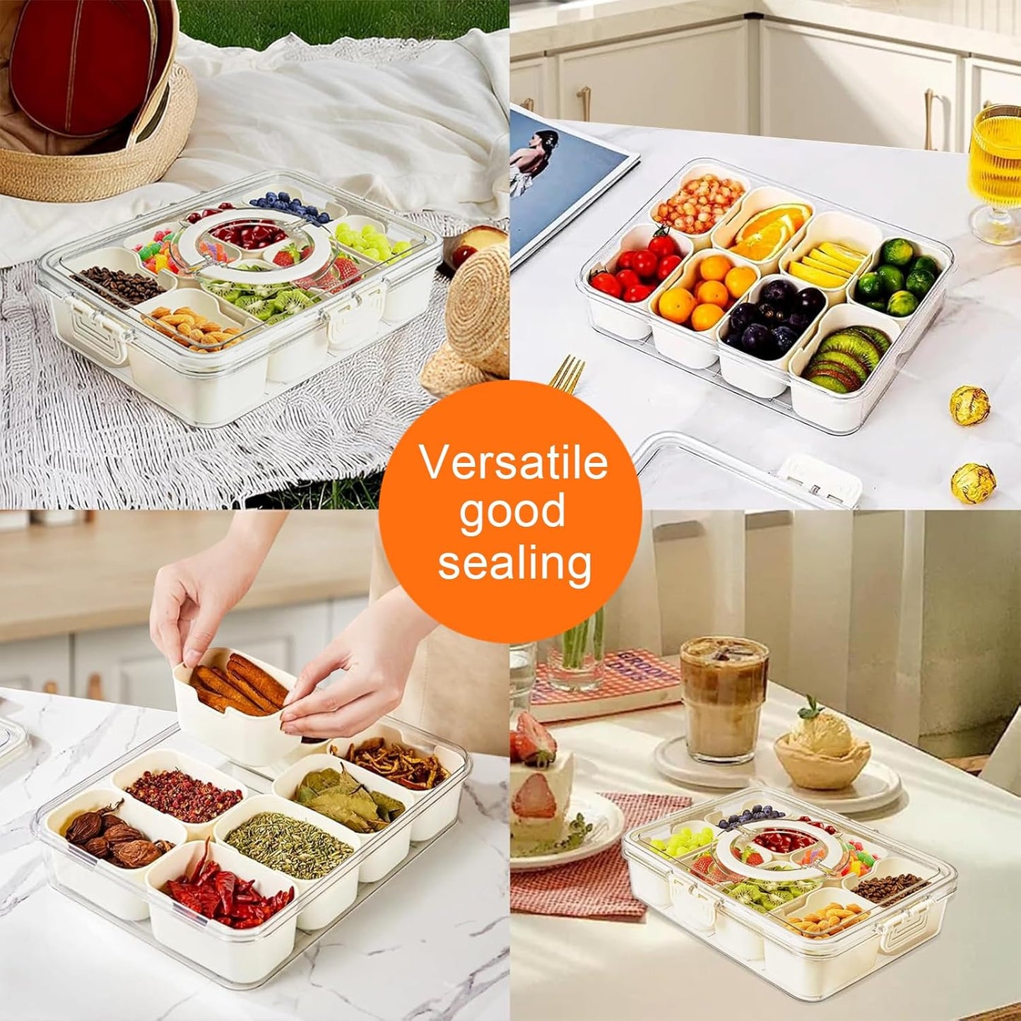 Divided Serving Tray with Lid and Handle, Portable Snackle Box Container for Fruits Snacks Charcuterie Organizer, Spinning Rounded Veggie Tray for Kitchen, Party, Travel and Picnic