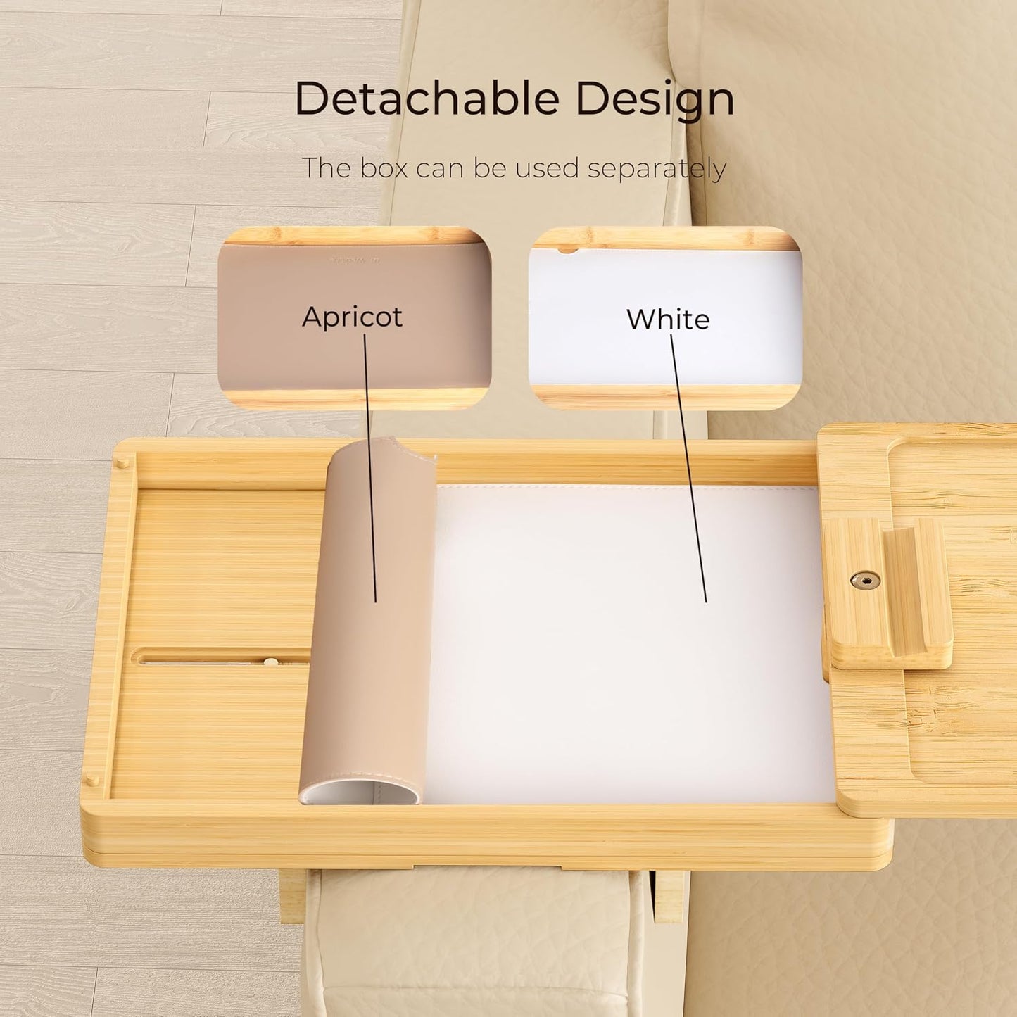 Wealone Black Couch Arm Tray for Wide Couch, Bamboo Sofa Arm Clip Table with Storage Box, Couch Armrest Tray with 360°Rotating Phone Holder, Sofa Arm Table Clip for Eating, Drinks or Dining