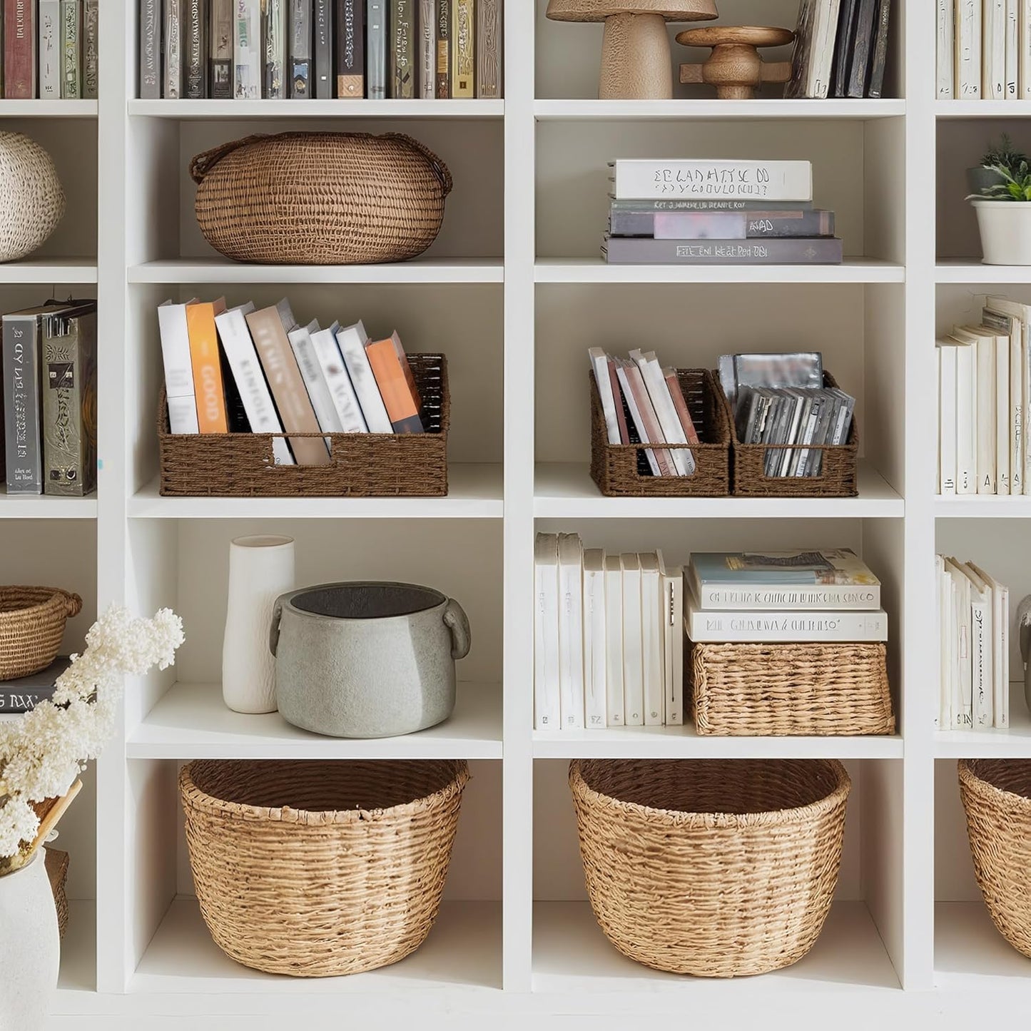 StorageWorks Water Hyacinth Pantry Storage Baskets, Wicker Baskets with Built-in Handles, Handwoven Shelf Baskets for Organizing, Pantry Organizers and Storage, 3 Pack