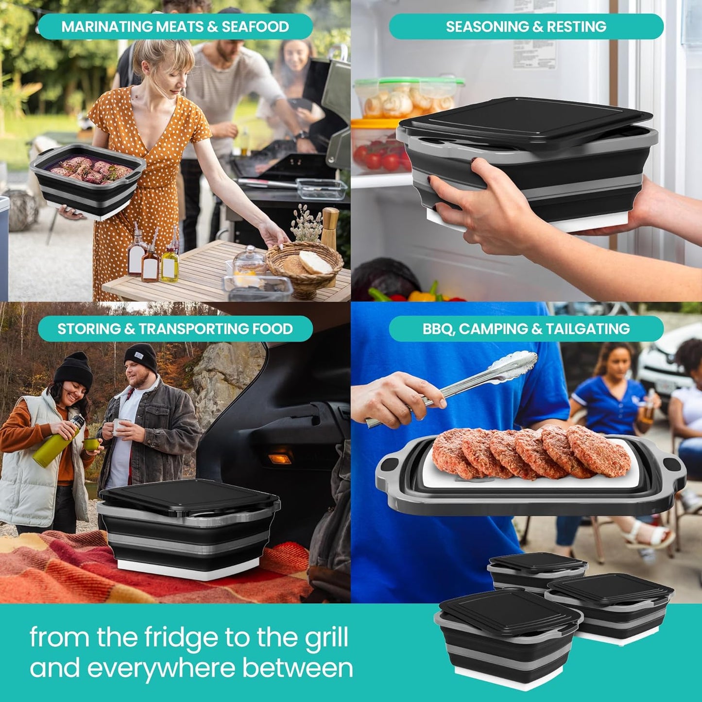 Collapsible BBQ Prep Tub with Lid and Drain Spout, 16L Portable Meat Marinating and Grilling Tray, Cutting Board Food Storage Container for Outdoor Cooking, Camping, Tailgating and Kitchen Prep