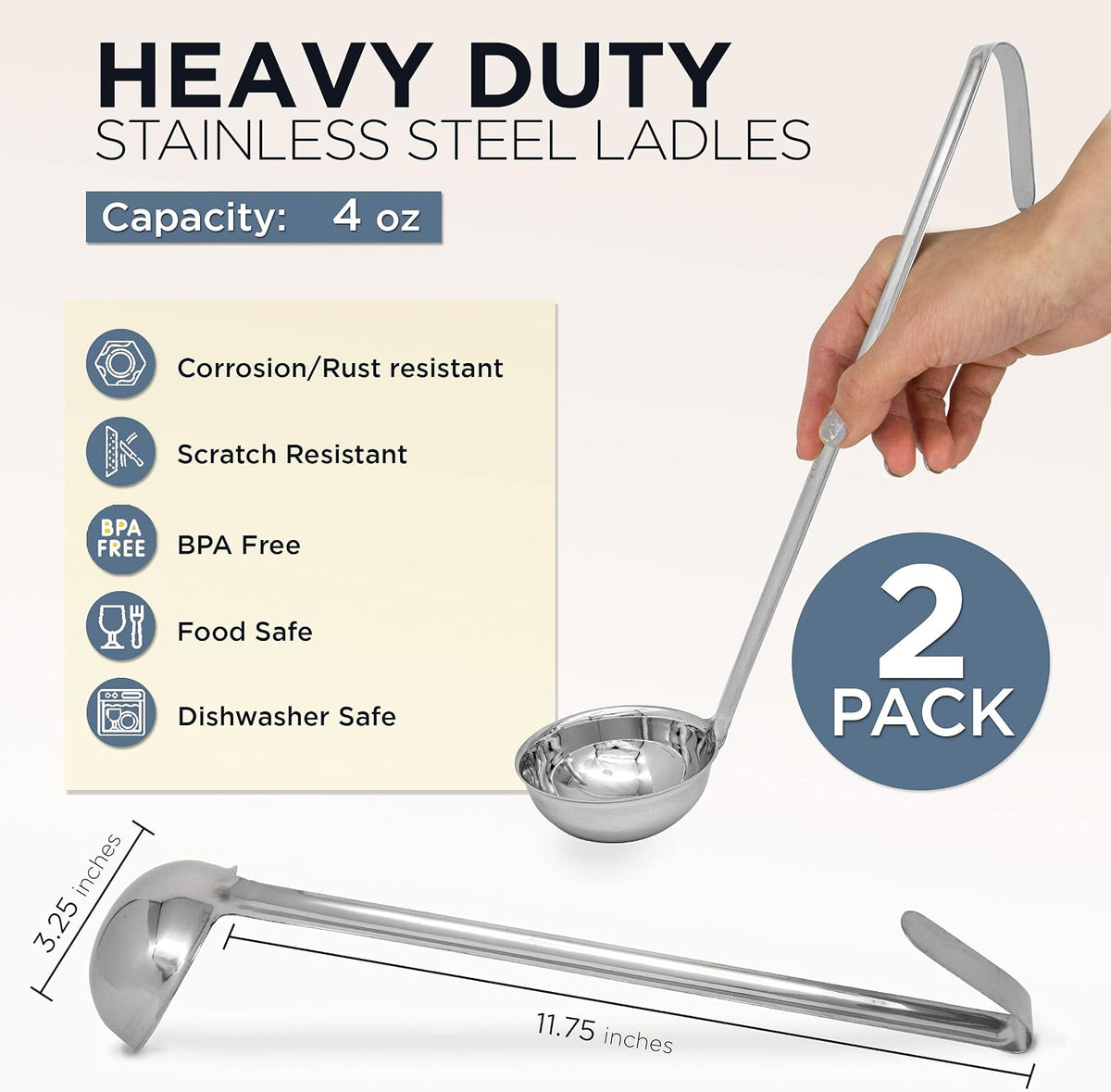 Fit Meal Prep [2 Pack] 2 oz Stainless Steel Soup Ladle, One-Piece Sauce Spatula with Hook Handles, Commercial Grade Serving Spoon, Kitchen Tool for Restaurant or Home Cooking, Mirror Finish, 12" Long