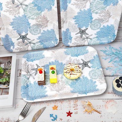 JarThenaAMCS 3Pcs Summer Serving Trays Reusable Serving Dishes Blue Ocean Coral Starfish Seashell Platter for Outdoor Sea Beach Party Serving Food Snacks Fruits Dessert