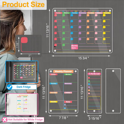 Clear Acrylic Magnetic Calendar for Fridge, 16"x12" Monthly and Weekly Calendar Planner, Dry Erase Board for Fridge, Ideal for Family Organization and Events