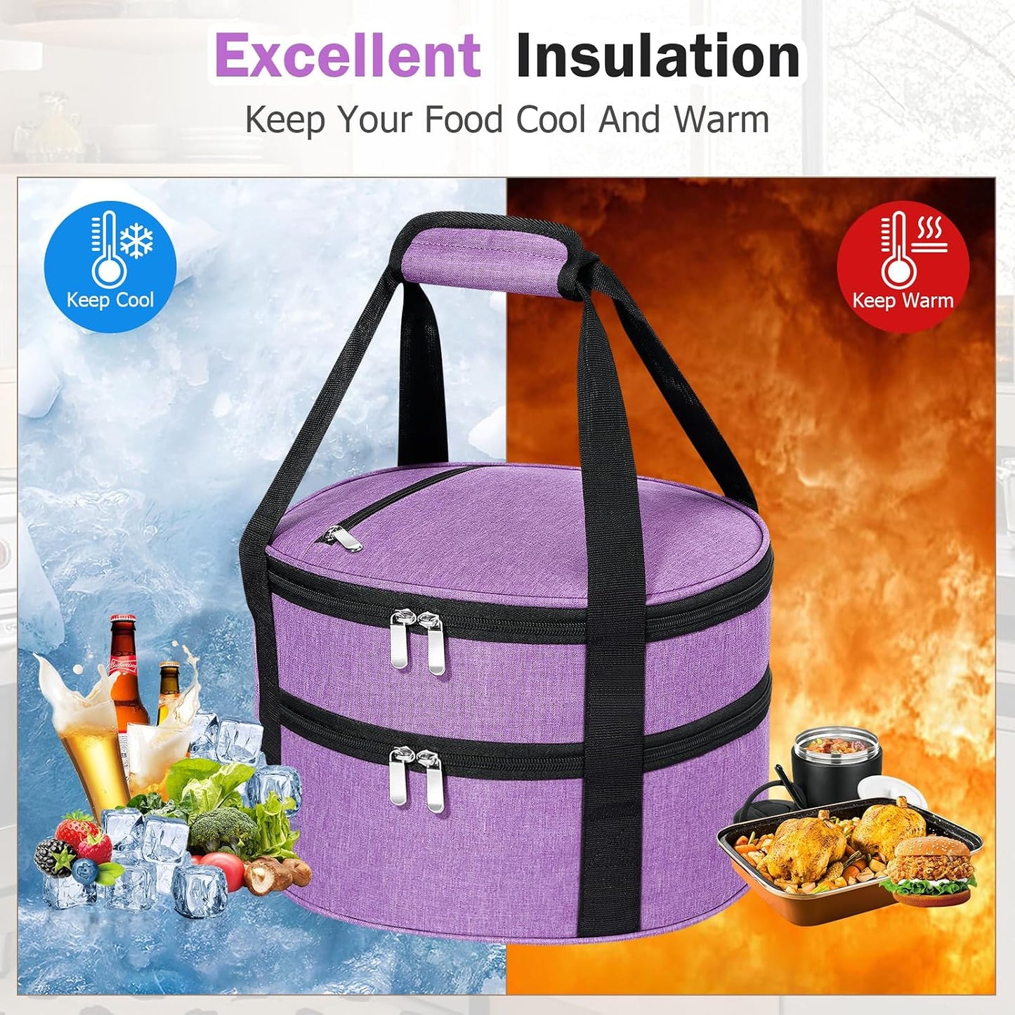 Round Insulated Casserole Carrier – 12" Portable Pie Carrier Bag for Hot or Cold Food, Leakproof Thermal Lunch Tote with Handle for Parties Picnic & Travel - Grey