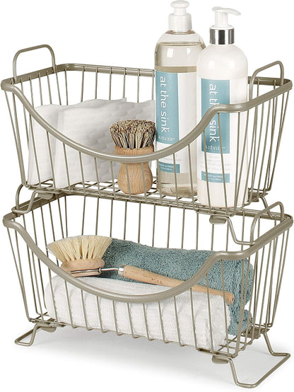 Spectrum Ashley Large Stackable Wire Baskets for Pantry & Kitchen Counter Organizer, Stacking Fruit Basket Wire Bin with Raised Feet & Handles for Vegetable Fruit Potato Onion Storage, Satin Nickel