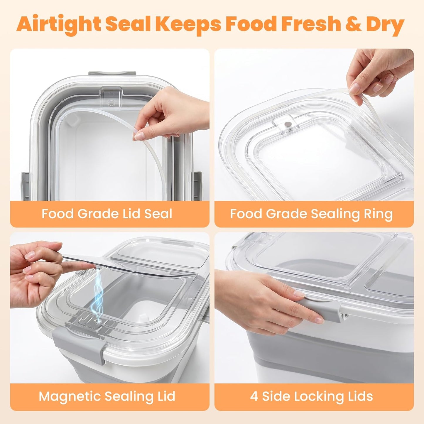 30 Lbs Rice Storage Container with Wheels, Collapsible Airtight Dog Food Storage Container with Transparent Lid, Measuring Cup, Scoop, Handle, BPA Free Rice Holder for Pet Food, Grain, Bird Seed