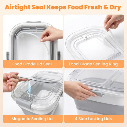 30 Lbs Rice Storage Container with Wheels, Collapsible Airtight Dog Food Storage Container with Transparent Lid, Measuring Cup, Scoop, Handle, BPA Free Rice Holder for Pet Food, Grain, Bird Seed