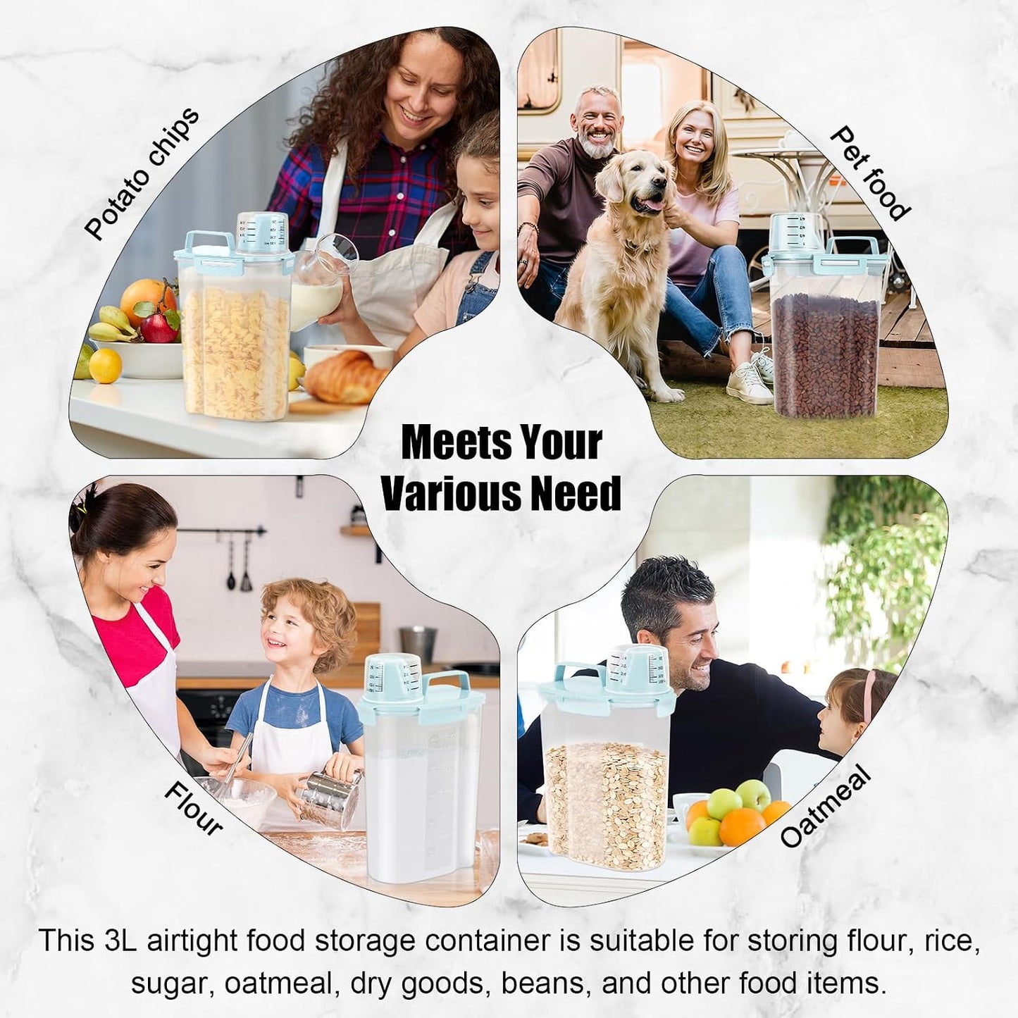 LEAWALK Airtight Rice Storage Container, 3-5Lbs Cereal Dry Food Flour Bin, Pet Dog Cat Food Dispenser with Measuring Cup, BPA Free Plastic Kitchen and Pantry Organization Bin for Sugar-Clear Grey
