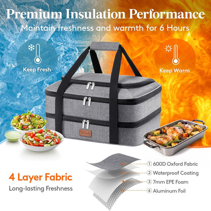 Lifewit Double Decker Casserole Carrier for Hot and Cold Food, Insulated Casserole Dish Carrier Carrying Case with Tool Room, Thermal Bag for Potluck Parties Cookouts Fits 9"×13" Baking Dish, Black