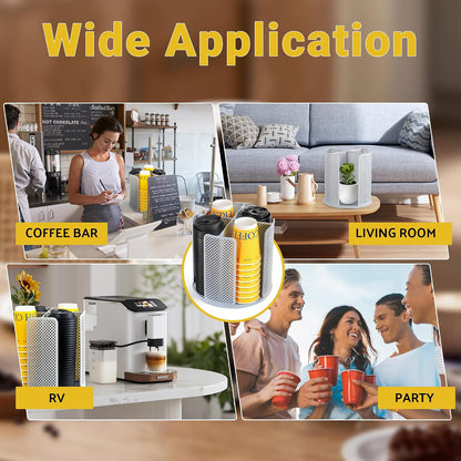 4-Compartment Rotating Paper Cup Holder & Coffee Cup Lid Storage Dispenser, Plastic Cup Dispenser Removable, Space-Saving Countertop Cup Holder for Coffee Bars, Kitchens (Black)
