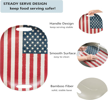 Kingen American flag Patriotic theme party supplies, 18'' Rectangle and 13'' Round Set of 2 Extra-Large Bamboo Serving Trays, Independence Day, Reusable and Dishwasher Safe
