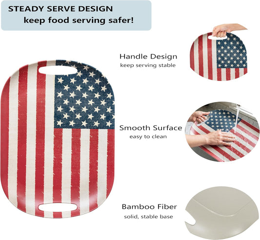 Kingen American flag Patriotic theme party supplies, 18'' Rectangle and 13'' Round Set of 2 Extra-Large Bamboo Serving Trays, Independence Day, Reusable and Dishwasher Safe