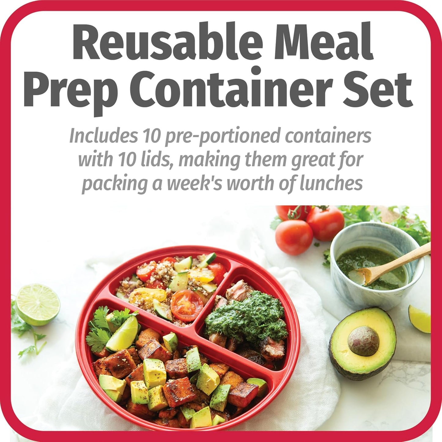 GoodCook Meal Prep Containers Set Microwave & Dishwasher-Safe Round Food Organizers with Labeled Compartments BPA-Free Food Storage Set with Snap Shut Lids Portion Control, 10-Pieces, Red