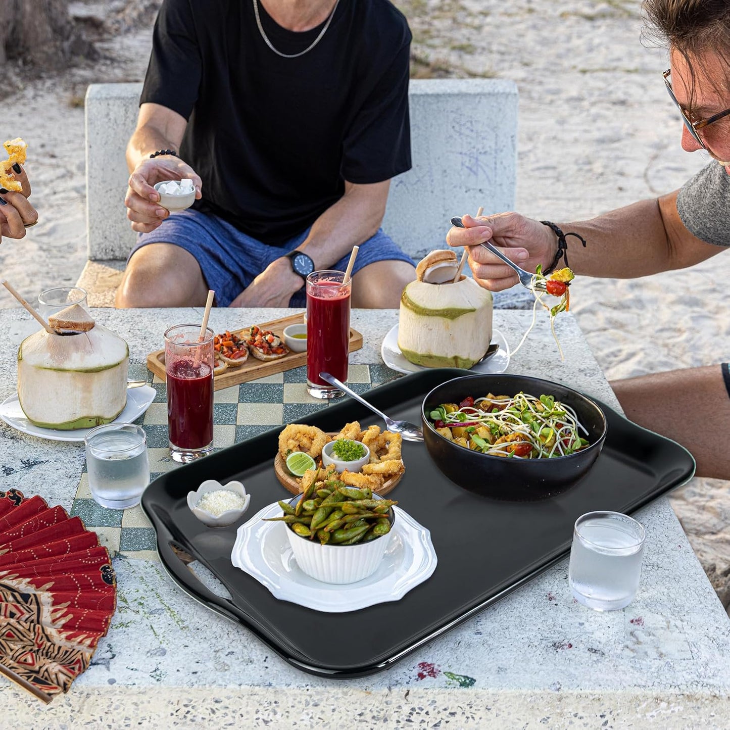 Czlizdyt Large Melamine Serving Tray with Handles, 17.5 x 12 in Rectangular Melamine Serving Platter, Dishwasher Safe Trays for Eating, Appetizer, Charcuterie, Snack, Fruit, Desserts, Set of 2, White