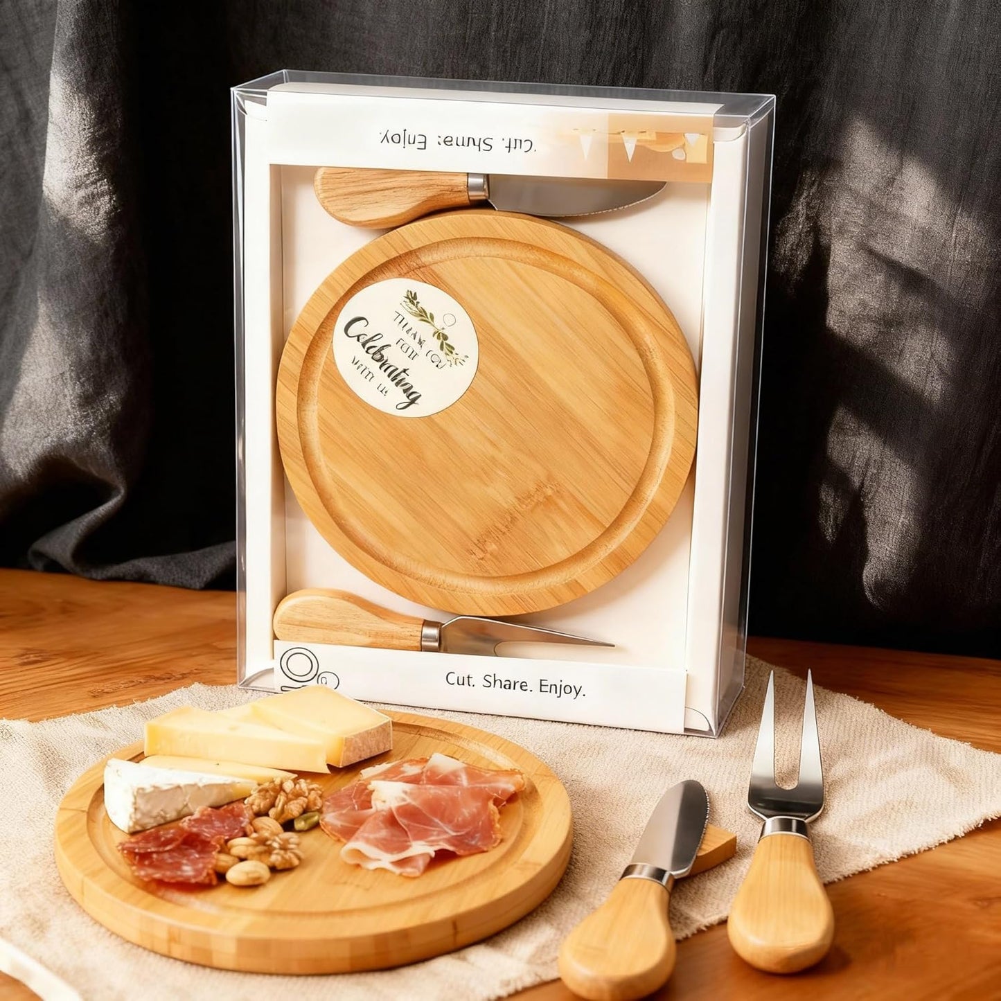 Upgraded storage-ready Small Cheese Board Set & Dessert Plate with Knife & Fork, 1-Pack 6-Inch Personal Charcuterie Tray, Bamboo, Gift-ready for Wedding, Bridal & Baby Shower Party