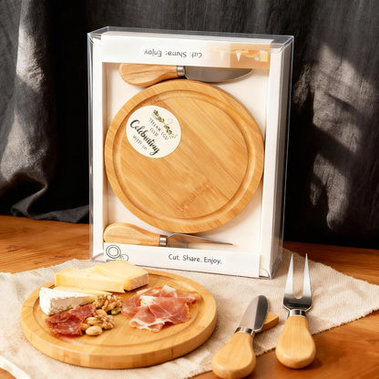 Upgraded storage-ready Small Cheese Board Set & Dessert Plate with Knife & Fork, 1-Pack 6-Inch Personal Charcuterie Tray, Bamboo, Gift-ready for Wedding, Bridal & Baby Shower Party