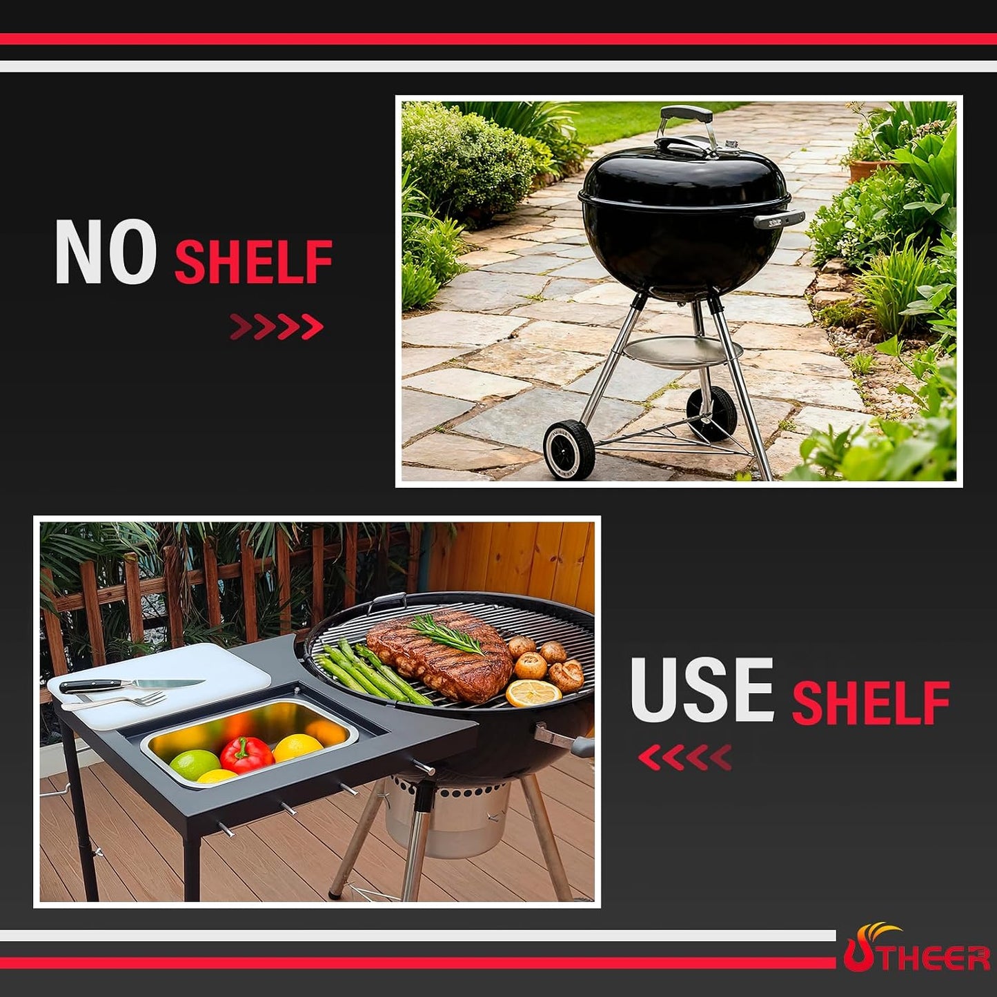 Upgraded Grill Table for Weber Kettle 22"/18"/26", Master Touch 22", Smokey Mountain, Recteq Pellet Grill RT-B380, Prep Station with Cutting Board, Basin, 4 Hooks, Shelf for Weber Kettle Accessories