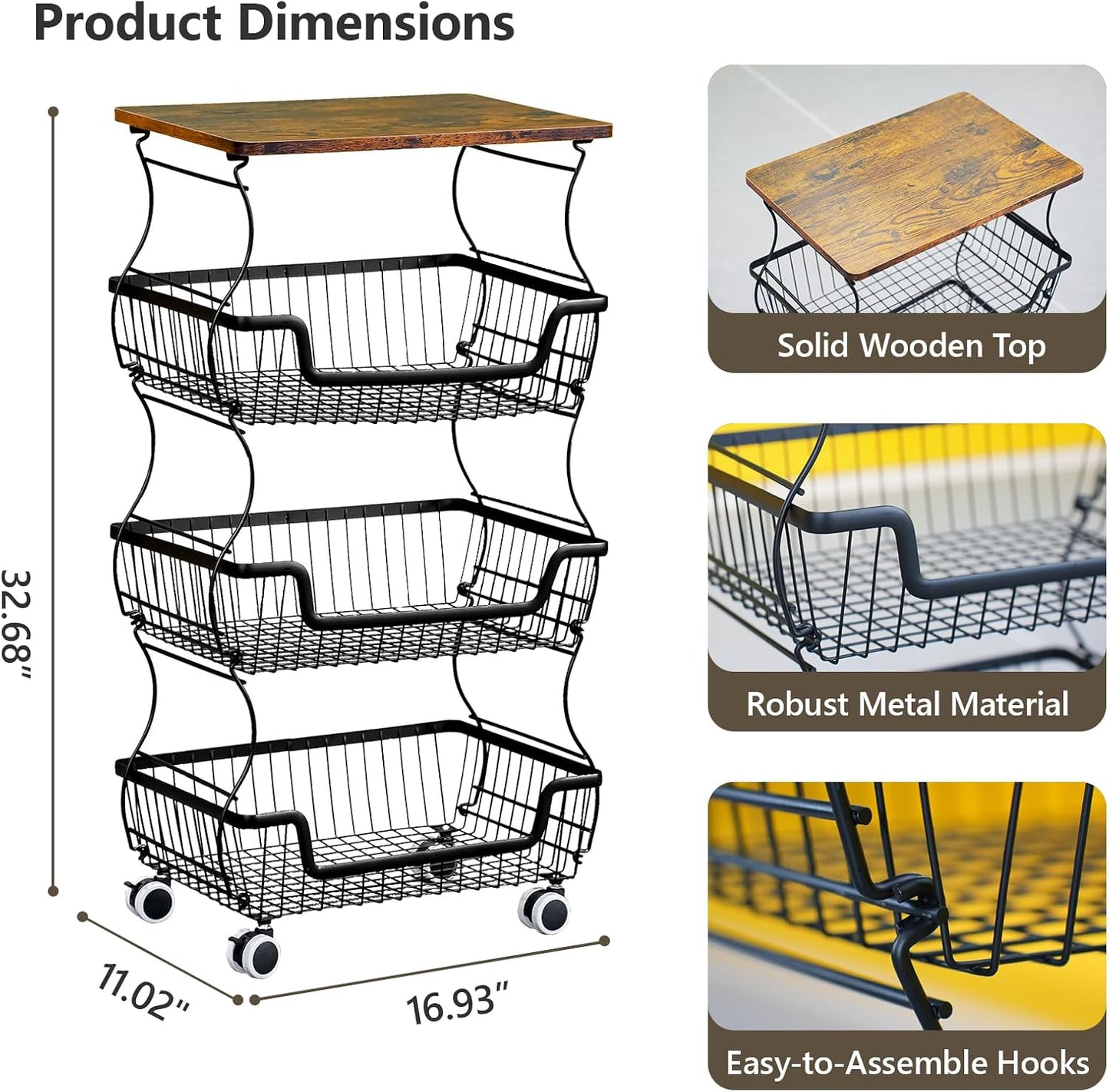 2 Pack 3-Tier Rolling Kitchen Storage Cart Fruit Basket Stand for Vegetables & Snacks Stackable Wire Pantry Floor Organizer with Wheels for Kitchen, Living Room, Bedroom, Office (Black)